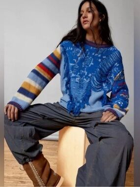 Urban Outfitters BDG Marlon Spliced Pullover Striped Sweater Tunic Fringe